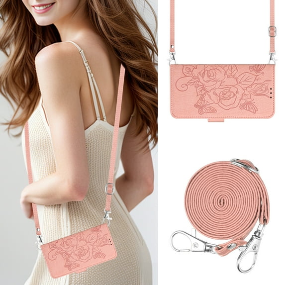 Allytechgroup for iPhone 17 Case with Credit Card Slot, Built-in Shoulder Strap RFID Blocking PU Leather Flip Wallet Case Shockproof Back Cover for iPhone 17, Pink