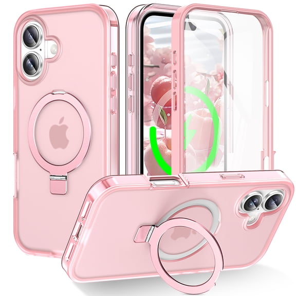 Allytechgroup for iPhone 17 Case with Screen Protector, Matte Kickstand Comaptible with Magsafe Drop Protective Bumper Shockproof Anti-Scratch Magnetic Cover for iPhone 17, Pink
