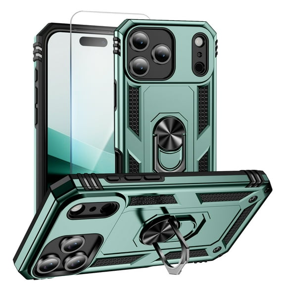 Allytechgroup for iPhone 17 Case with Screen Protector, Slim Fit Hybrid TPU PC Hard Back Shell Cover Kickstand Shockproof Bumper Rugged Phone Case for Apple iPhone 17, Darkgreen