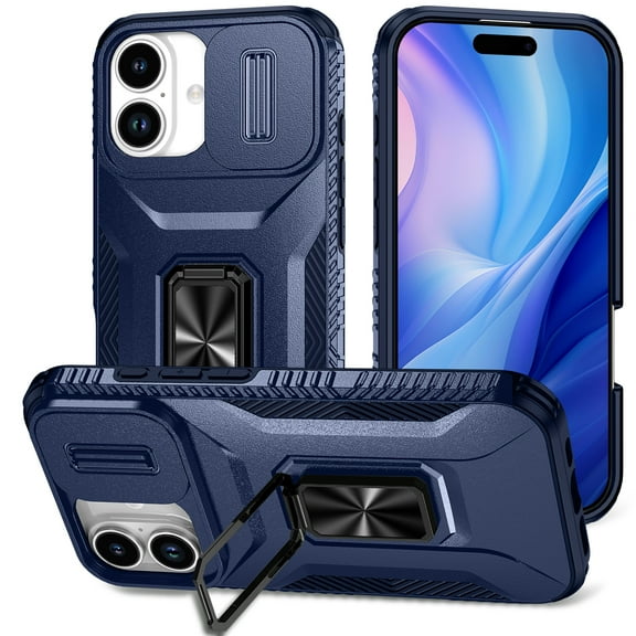Allytechgroup iPhone 17 Case, Sliding Camera Lens Cover Military Grade Protection Stand Bracket Bumper Rugged TPU PC Phone Case for Apple iPhone 17 6.3", Blue