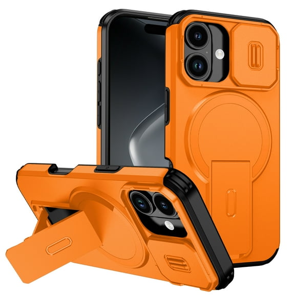 Allytechgroup iPhone 17 Case with Stand, Hybrid TPU PC Back Cover with Sliding Camera Lens Shockproof [Compatible with Magsafe] Rugged Bumper Phone Case for Apple iPhone 17, Orange