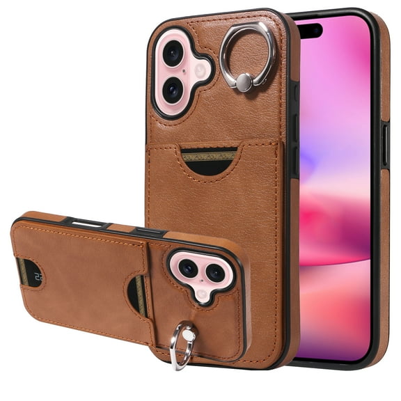 Allytechgroup iPhone 17 Case Wallet, with Ring Holder Kickstand Anti-Scratch Back Cover with Removal Pin & SIM Cards Slots Shockproof Phone Case for Apple iPhone 17, Brown