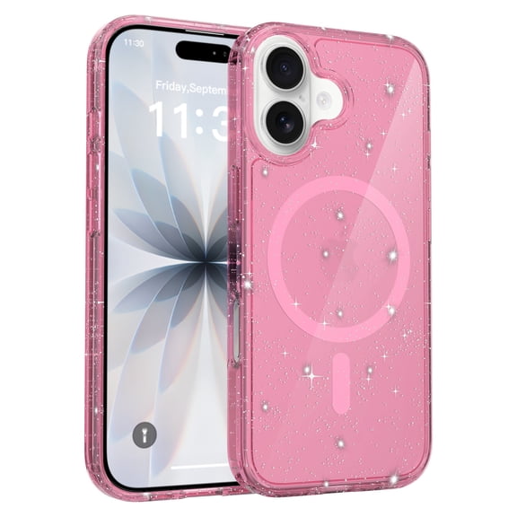 Allytechgroup for iPhone 17 Glitter Magnetic Case, Slim Fit Hard PC Anti-Yellowing Shell Support Wireless Charging Anti-Scratch Shockproof Protective Back Cover for iPhone 17, Pink