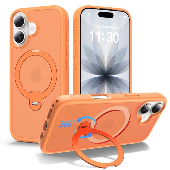Allytechgroup for iPhone 17 Magnetic Kickstand Phone Case with Wireless Charging, Slim Fit Hard PC Shell Non-Slip Anti-Fingerprint Shockproof Protective Back Cover for Women Men, Orange