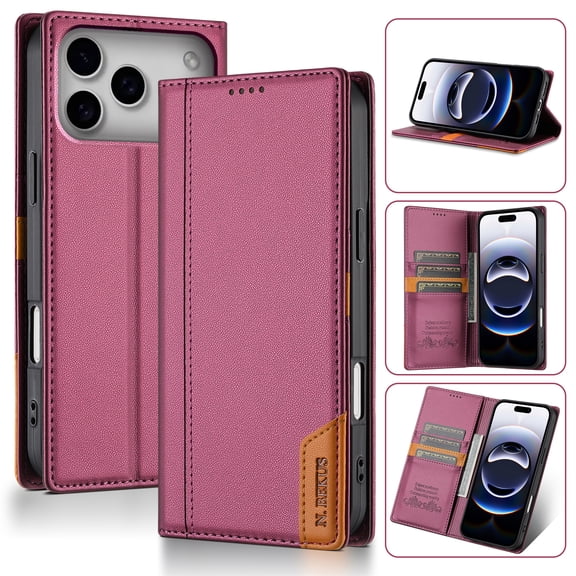 Allytechgroup for iPhone 17 PU Leather Wallet Case with Card Slots, Slim Lightweight Stand Rugged Non-Slip Shockproof Protective Full Body Cover for iPhone 17 Women Men, Winered