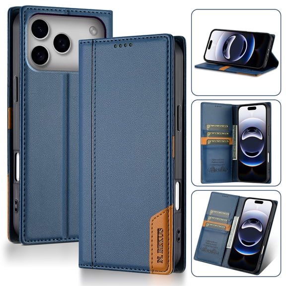 Allytechgroup for iPhone 17 PU Leather Wallet Case with Card Slots, Slim Lightweight Stand Rugged Non-Slip Shockproof Protective Full Body Cover for iPhone 17 Women Men, Blue