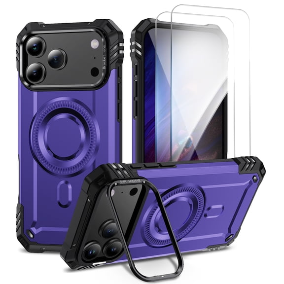 Allytechgroup for iPhone 17 Pro Case with 2 Pcs Tempered Glass Screen Protector, Compatible with Magsafe & Car Mount Military Grade Shockproof Bumper Rugged Phone Case for Women Men, Purple