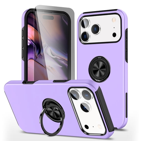 Allytechgroup iPhone 17 Pro Case with Anti-Spy Screen Protector, Ring Holder Kickstand Anti-Scratch Magnetic Back Cover Compatible with Car Mount Rugged Hybrid TPU PC Phone Case, Purple