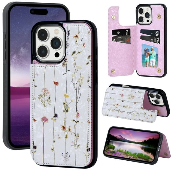 Allytechgroup for iPhone 17 Pro Case with Card Holder, Stylish Flower with Glitter Bling Rhinestone Stand Shockproof Slim Fit Bumper Wallet Case for Apple iPhone 17 Pro, Floral