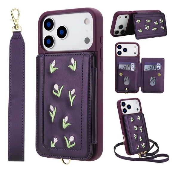 Allytechgroup for iPhone 17 Pro Case with Card Slot, with Wrist Strap Shoulder Strap Kickstand Shock-Absorbent Slim Fit PU Leather Shockproof Back Cover for iPhone 17 Pro, Purple