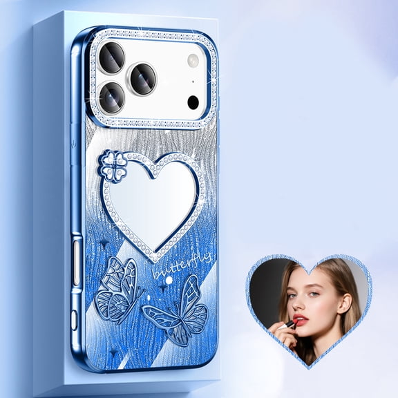 Allytechgroup iPhone 17 Pro Case for Girls Women, Luxury Fashion  Glitter Bling Diamond Back Cover with Heart Design Make-up Mirror Stylish Butterfly Phone Case Cover for iPhone 17 Pro, Blue