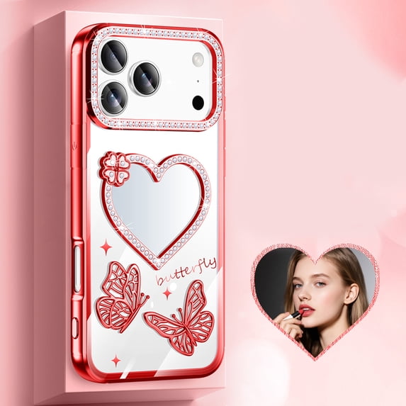 Allytechgroup iPhone 17 Pro Case for Girls Women, Stylish Glitter Diamond Embossed iPhone 17 Pro Case with Butterfly & Heart Design Makeup Mirror,Bling Fashion iPhone 17 Pro Cover,Red