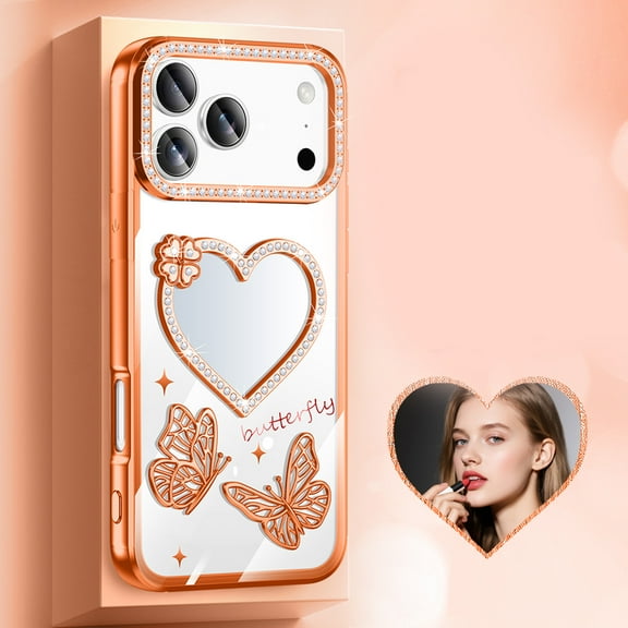 Allytechgroup iPhone 17 Pro Case for Girls Women, Stylish Glitter Diamond Embossed iPhone 17 Pro Case with Butterfly & Heart Design Makeup Mirror,Bling Fashion iPhone 17 Pro Cover,Orange