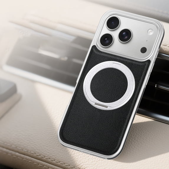 Allytechgroup iPhone 17 Pro Case with Magnetic Ring Holder, Rotating Kickstand Premium PU Leather PC Interior Shockproof Corner Protective Anti-Scratch Bumper Cover Case for Women Men, Black