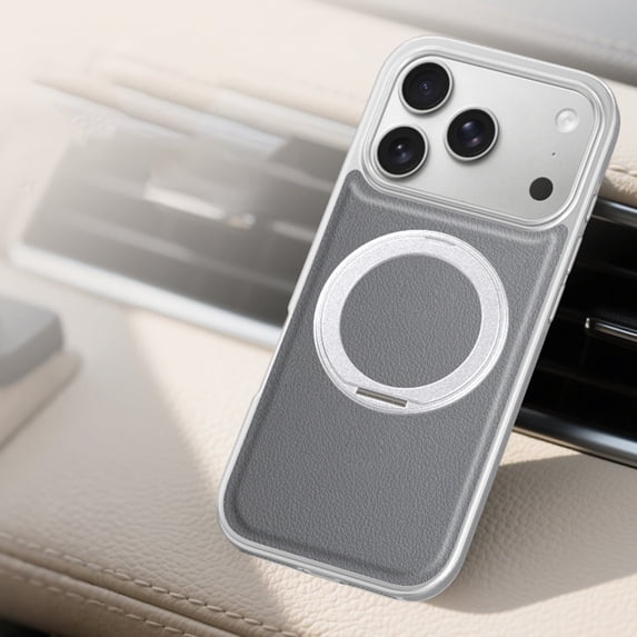 Allytechgroup iPhone 17 Pro Case with Magnetic Ring Holder, Rotating Kickstand Premium PU Leather PC Interior Shockproof Corner Protective Anti-Scratch Bumper Cover Case for Women Men, Gray