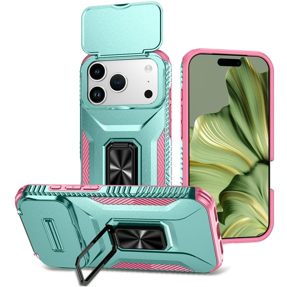 Allytechgroup iPhone 17 Pro Case, Sliding Camera Lens Cover Military Grade Protection Stand Bracket Bumper Rugged TPU PC Phone Case for Apple iPhone 17 Pro 6.3", Green