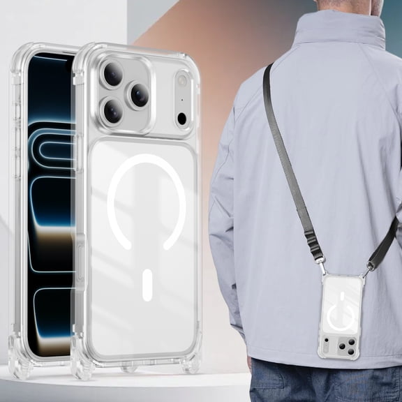 Allytechgroup for iPhone 17 Pro Magnetic Rugged Case with Lanyard, Support Wireless Charging Anti-Yellow Slim Fit Non-Slip Shell Shockproof Protective Bumper for Women Men, White