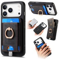 Allytechgroup for iPhone 17 Pro Max 2 in 1 Detachable Wallet Case, Luxury Retro PU Leather Ring Kickstand Card Cash Slots Case Strong Magnetic Shockproof Anti-Scratch Cover for Women Men, Black