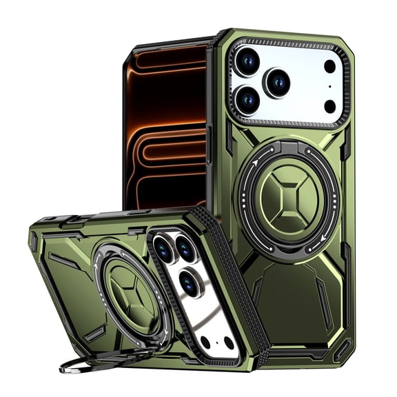 Allytechgroup for iPhone 17 Pro Max Back Cover Case with 360° Rotatable Ring Stand, Lightweight Shock-Absorbent Magnetic Lock Military Protection Shockproof Bumper for iPhone 17 Pro Max, Green