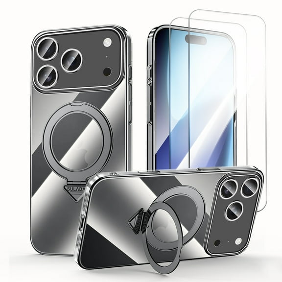 Allytechgroup for iPhone 17 Pro Max Case with 2 Pcs Screen Protector, Clear [Compatible with Magsafe] Anti-Scratch Foldable Kickstand Bumper Shockproof Phone Case Cover for Women Men, Black