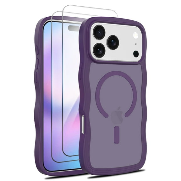 Allytechgroup iPhone 17 Pro Max Case with 2 Pcs Screen Protector, Compatible with Magsafe Stylish Wave Frame Design Matte Back Cover Anti-Scratch Translucent Phone Case for Women Men, Darkpurple