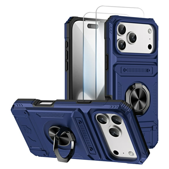 Allytechgroup for iPhone 17 Pro Max Case with 2 Pcs Screen Protector, Rugged Magnetic Back Cover Compatible with Car Mount Ring Holder Kickstand Card Slot Hard Shell Case for Women Men, Blue