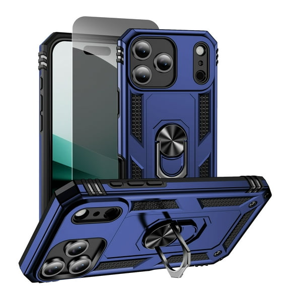 Allytechgroup iPhone 17 Pro Max Case with Anti-Spy Screen Protector, Heavy Duty Shockproof Rotating Kickstand Anti-Scratch Magnetic Back Cover Compatible with Car Mount Bumper Rugged Case, Blue