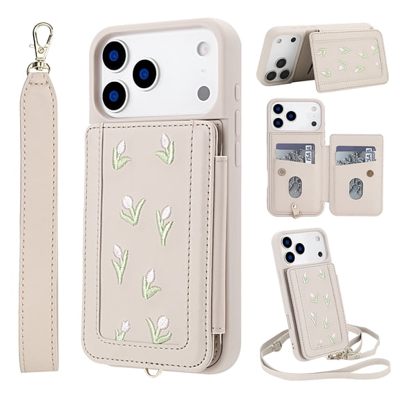 Allytechgroup for iPhone 17 Pro Max Case with Card Slot, with Wrist Strap Shoulder Strap Kickstand Shock-Absorbent Slim Fit PU Leather Shockproof Back Cover for iPhone 17 Pro Max, White