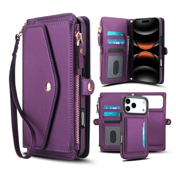 Allytechgroup for iPhone 17 Pro Max Case with Detachable Cards Holder, Built-in Shoulder Strap Wrist Strap Support Magnetic Car Phone Mount Shockproof Full Body Cover for Women Girls, Purple