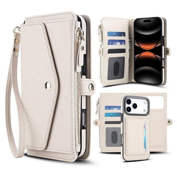 Allytechgroup for iPhone 17 Pro Max Case with Detachable Cards Holder, Built-in Shoulder Strap Wrist Strap Support Magnetic Car Phone Mount Shockproof Full Body Cover for Women Girls, White