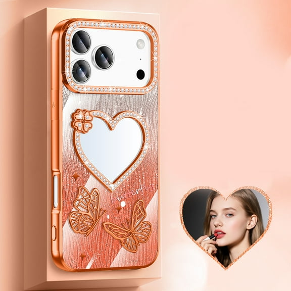 Allytechgroup iPhone 17 Pro Max Case for Girls Women, Luxury Fashion  Glitter Bling Diamond Back Cover with Heart Design Make-up Mirror Stylish Butterfly Phone Cover for iPhone 17 Pro Max, Orange