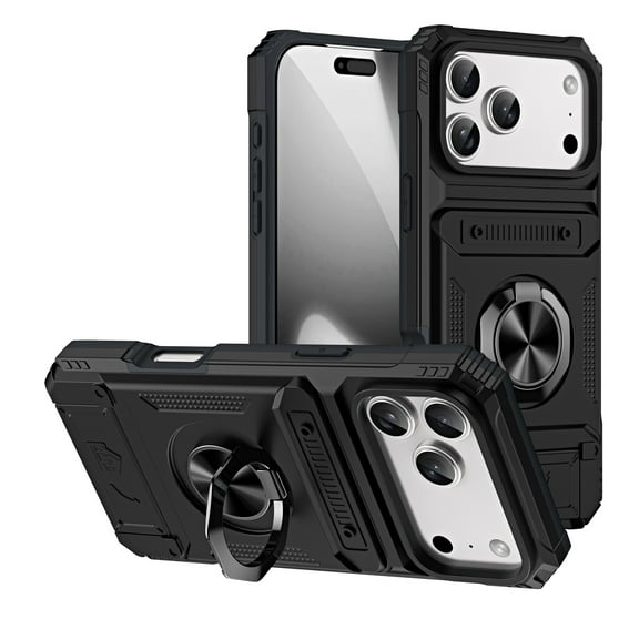 Allytechgroup for iPhone 17 Pro Max Case with Grip Ring Holder Kickstand /Card Slots/Magnetic Car Mount Hard Back Rugged Shell & TPU Bumper  [Military Grade Drop Protection] Wallet Phone Case, Black