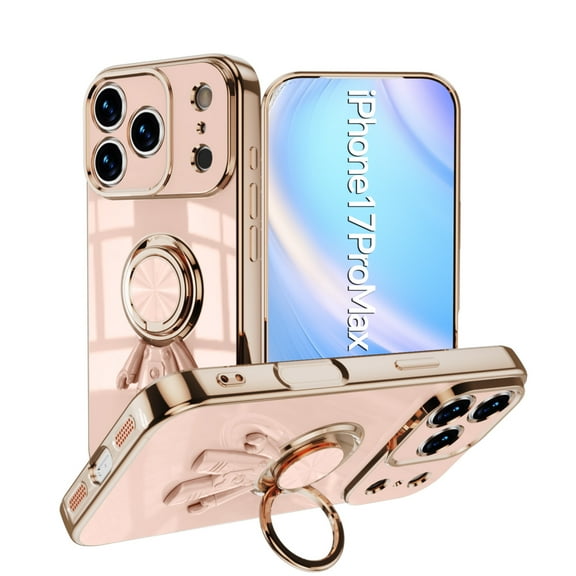 Allytechgroup iPhone 17 Pro Max Case Kickstand, Spaceman Bracket Design Shockproof Drop Proof Luxury Camera Lens Protective Phone Case for Apple iPhone 17 Pro Max, Lightpink