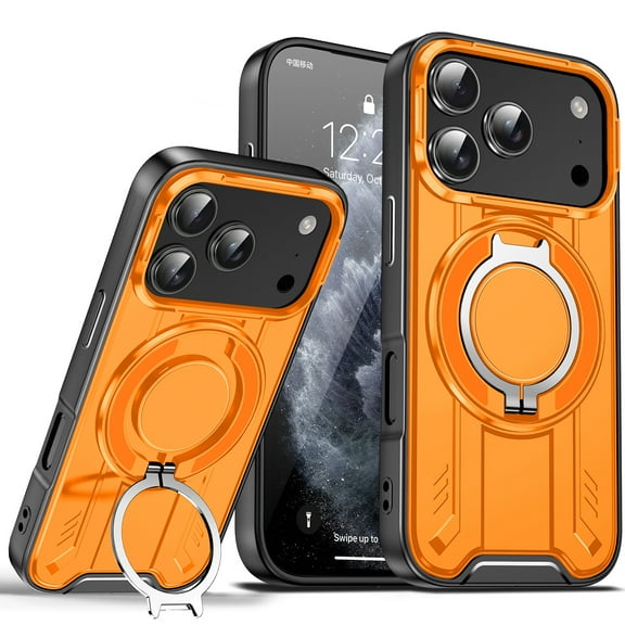Allytechgroup iPhone 17 Pro Max Case Mangetic, Military Grade Protection Cover Compatible with Magsafe & Car Mount Ring Kickstand Bumper Rugged Phone Case for Apple iPhone 17 Pro Max, Orange