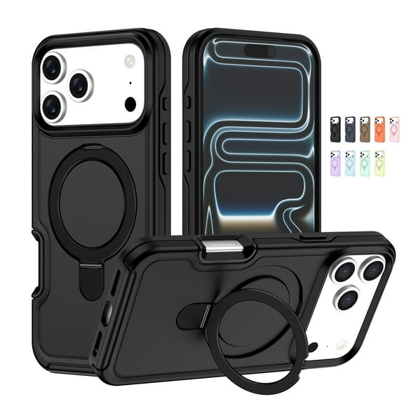 Allytechgroup for iPhone 17 Pro Max Case with Rotating Ring Holder Metal Kickstand, Lightweight Shockproof Soft TPU Back Case Magnetic Military Grade Drop Protective Invisible Stand Shell, Black