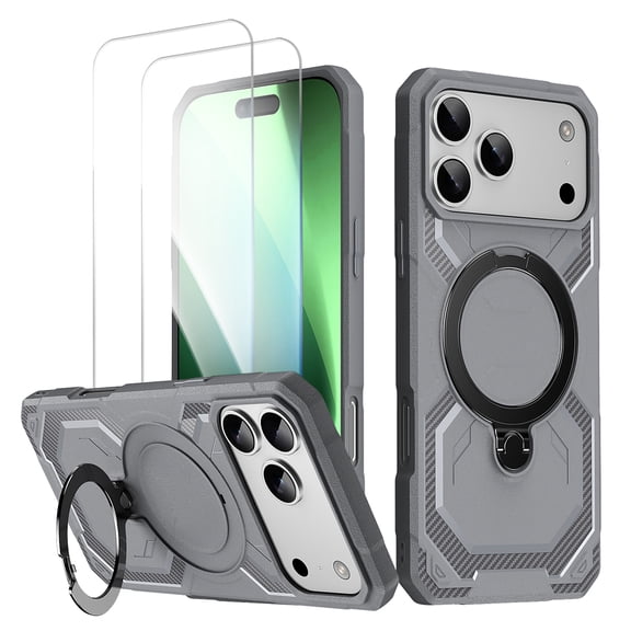 Allytechgroup iPhone 17 Pro Max Case with Screen Protector, Compatible wiht Magsafe Hybrid TPU Hard PC Shockproof Anti-Scratch Ring Holder Kickstand Phone Case for Apple iPhone 17 Pro Max, Gray