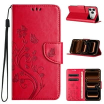 Allytechgroup for iPhone 17 Pro Max Case Wallet, Slim Lightweight PU Leather Butterfly Flower Embossed Shockproof Protective Stand Cards Slots Wallet Case Cover for iPhone 17 Pro Max, Red