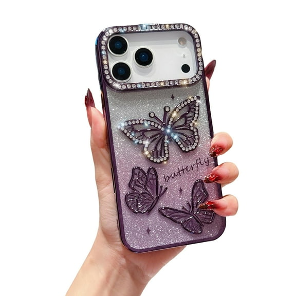 Allytechgroup iPhone 17 Pro Max Case for Women Girls, Glitter Bling Diamond Stylish Butterfly Design Shockproof Anti-Scratch Luxury Phone Case Cover for Apple iPhone 17 Pro Max, Purple