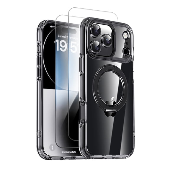 Allytechgroup for iPhone 17 Pro Max Clear Case with 2 PCS Tempered Glass Screen Protector, [Compatible with Magsafe] Rotating Kickstand Anti-Scratch Not-Yellowing Cover for Women Men, Black