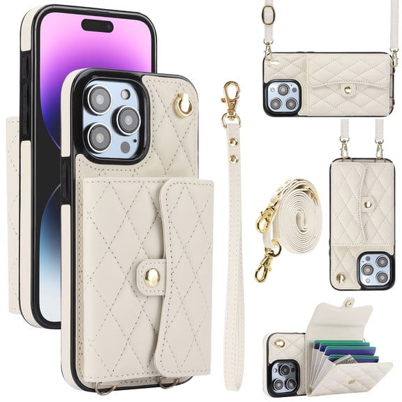 Allytechgroup for iPhone 17 Pro Max Wallet Case with 5 Cards Holders, Detachable Hand Strap & Shoulder Lanyard RFID Blocking Shockproof Protective Case for iPhone 17 Pro Max Girls Women, White