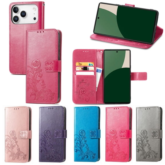 Allytechgroup iPhone 17 Pro Max Wallet Case for Women Girls, Stylish Clover Design Flip Cover Stand Cards Slots Magnetic Closure Shockproof Phone Case for Apple iPhone 17 Pro Max, Rose