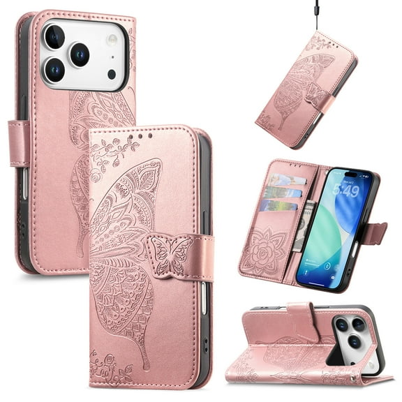 Allytechgroup for iPhone 17 Pro Wallet Case, PU Leather [Butterfly & Flower Embossed] Magnetic Clasp Stand Case Built-in Card Slots & Cash Pocket Shockproof Wrist Strap Bumper, Rosegold