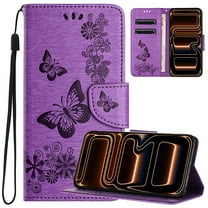 Allytechgroup for iPhone 17 Wallet Case, PU Leather Butterfly Embossed Flip Folio Stand Protective Shockproof Cards Holder Hand Wrist Bumper Phone Case Cover for iPhone 17, Purple