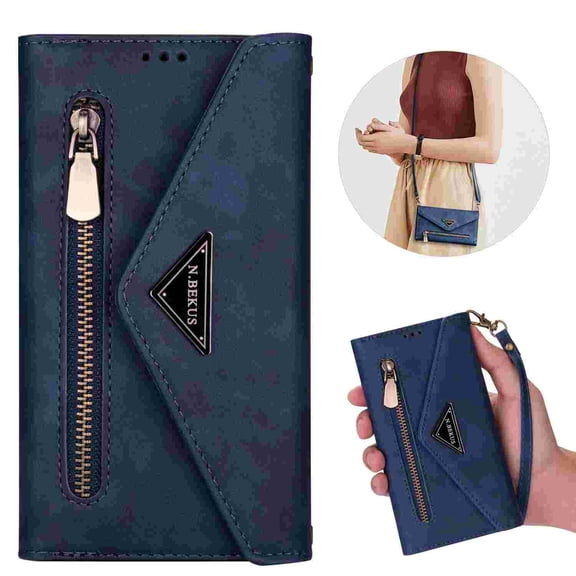 Allytechgroup for iPhone 17 Wallet Case,  PU Leather Shoulder Strap Hand Wrist Stand Feature Shockproof Protective Cards Slots Zipper Pocket Case Cover for Apple iPhone 17, Blue