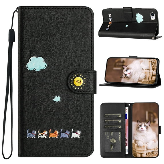 Allytechgroup for iPhone 7 / 8 / SE 2022 & 2020 Wallet Cover with Strap, PU Leather Shock Absorption Folio Flip Stand Card Slots Wallet Magnet Cover Case - Black