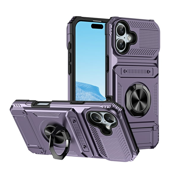 Allytechgroup for iPhone 8 Plus/7 Plus Case with Metal Ring Kickstand/ Card Slots Soft TPU/Hard PC Back Shockproof Shell Anti-Slip Drop Proof Cover Support Magnetic Car Mount Stand Phone Case, Violet