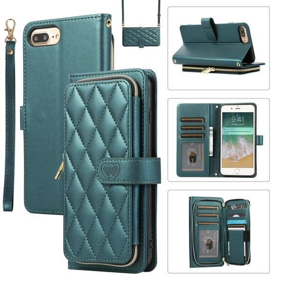 Allytechgroup for iPhone 8 Plus/7 Plus Wallet Case, Premium PU Leather Magnetic Buckle Zipper Pocket Card Slots Flip Stand Protective Cover with Hand Strap & Shoulder Strap - Darkgreen