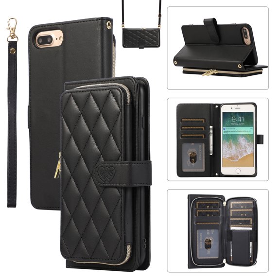 Allytechgroup for iPhone 8 Plus/7 Plus Wallet Case, Premium PU Leather Magnetic Buckle Zipper Pocket Card Slots Flip Stand Protective Cover with Hand Strap & Shoulder Strap - Black