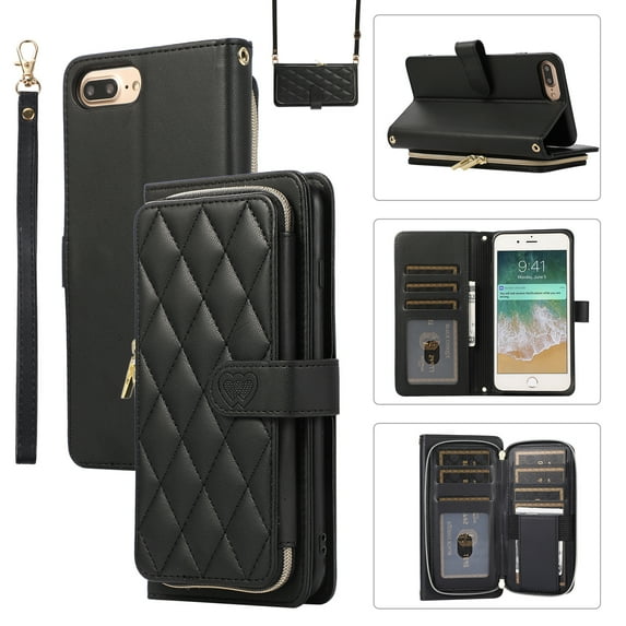 Allytechgroup for iPhone 8 Plus/7 Plus Wallet Case, Premium PU Leather Magnetic Buckle Zipper Pocket Card Slots Flip Stand Protective Cover with Hand Strap & Shoulder Strap - Black