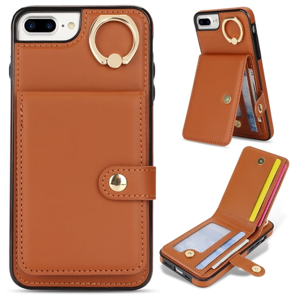 Allytechgroup iPhone 8 Plus/ 7 Plus Wallet Case, Ring Holder Stand Cards Slots Shockproof Retro Flip Back Cover Phone Case for Apple iPhone 8 Plus/ 7 Plus, Brown